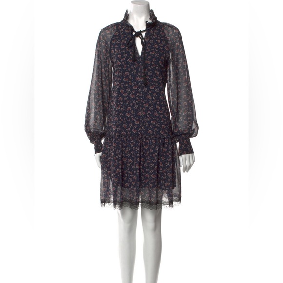 See By Chloe Navy Floral Rose Printed Chiffon Long Sleeve Dress - Picture 9 of 11